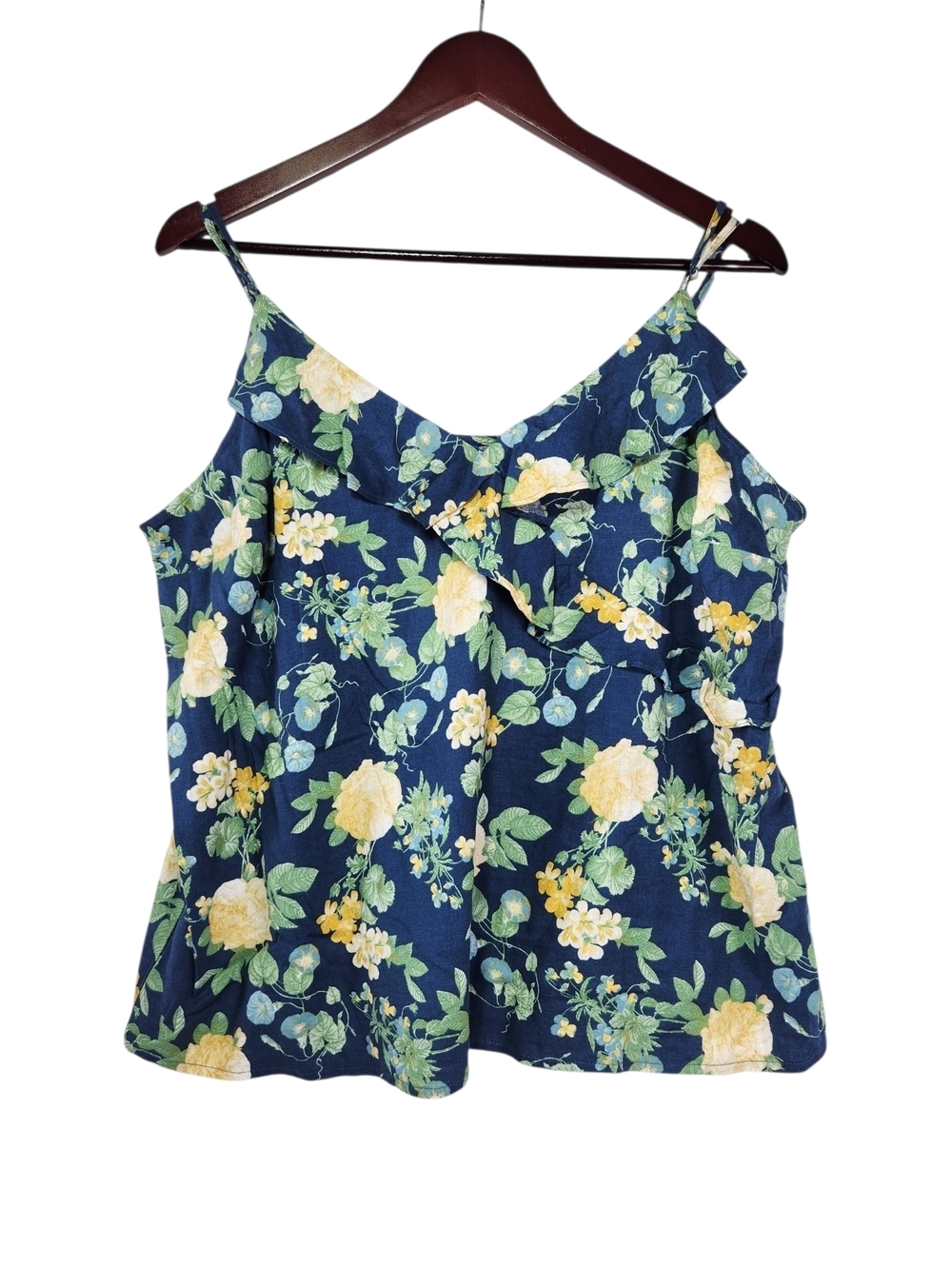 Old Navy Navy Floral Ruffle Cami XL Yellow Blooms Linen Blend Faux Wrap Spring